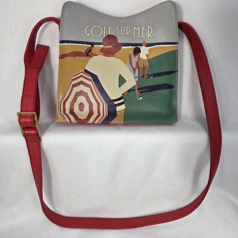 Vintage Jeon Los Angeles Leather Crossbody Bag Beach Scene "Golf Sur Mer" Red